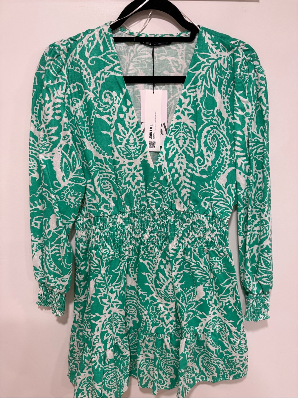Zara Green and White Paisley V-Neck Smocked Mini Dress